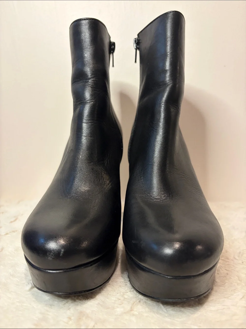 Steve Madden “Grate” Black Leather Platform Chunky Heel Ankle Boots Size 8.5